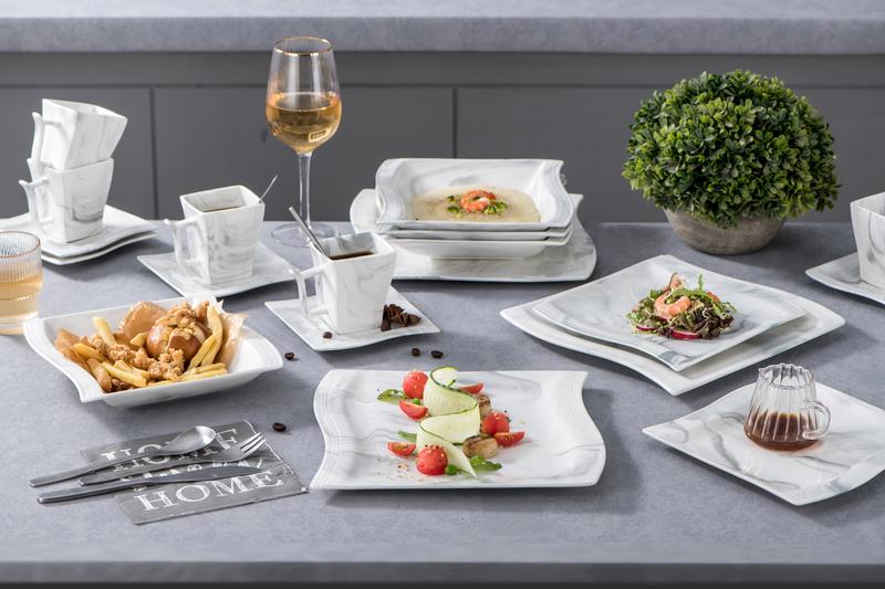 MALACASA Porcelain Dinnerware Set, Unique Wave-like Design Dinner Set, Modern Tableware Sets for 6, Series FLORA Winter Holiday