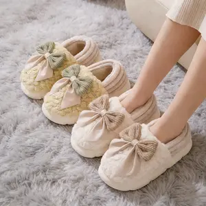 Plush Cute Bow Slippers for Women Furry Comfy Indoor Outdoor Non-Slip House Slippers with Soft Bow Detail