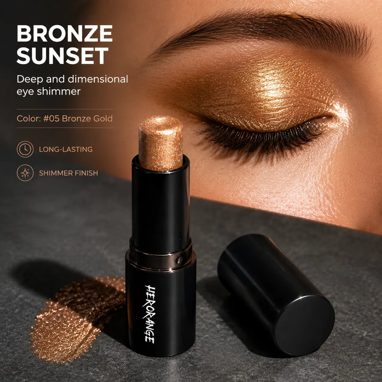 HERORANGE Multi-Use Cream Eyeshadow & Highlighter Stick - Flawless, Alcohol-Free, Creamy Buildable Metallic Glitter, Cut Crease Brightening, No-Crease 24-Month Long-Wear, Enhances Glass Skin, for Everyday & Party Looks, Youthful Shimmer Effect