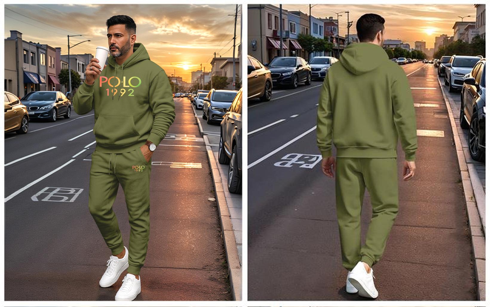 Men's Polo 1992 Print Hoodie & Drawstring Sweatpants Set, 100% Polyester, Casual Athletic Long Sleeve, Soft Breathable Fabric, Loose Fit, Spring Autumn Winter Tracksuit, Minimalist Style