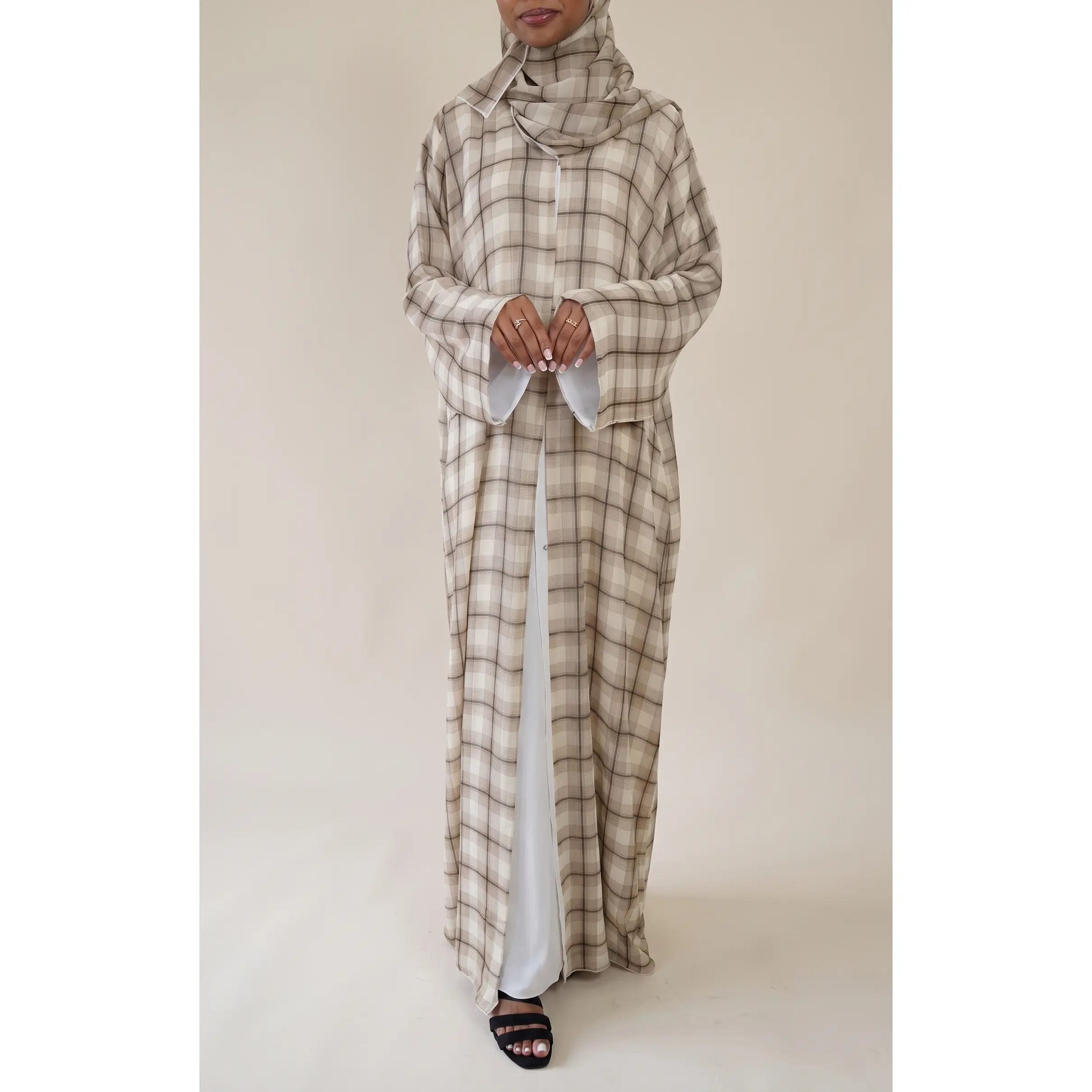 Rustic Taupe Plaid Double Chiffon Abaya Set