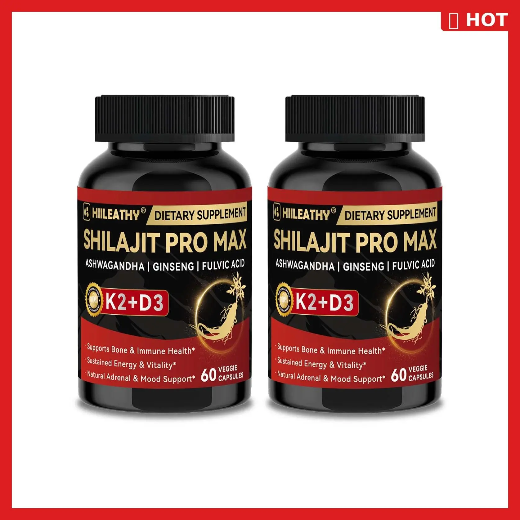 HIILEATHY | Shilajit Pro MaxBundle & Save — Himalayan Shilajit with Fulvic Acid & 84+ Trace Minerals, Panax Ginseng Root, Ashwagandha Root Extract, Vitamin K2 (& D3 — 60 Capsules — USA Made