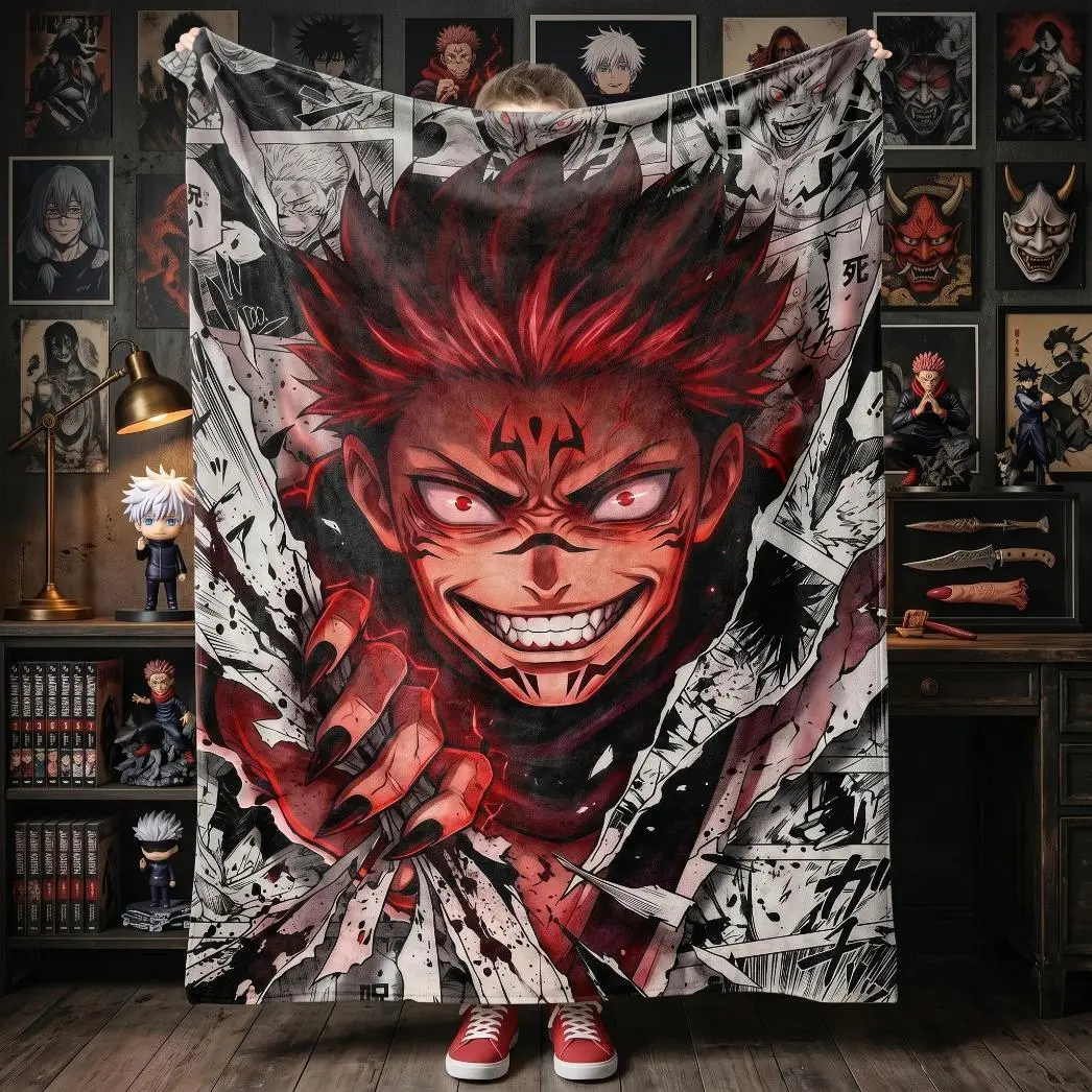 Ryomen Sukuna Jujutsu Kaisen Printed Blanket - Manga Graphic, Blood Splatter Flannel Throw, Soft Bedding Throw, Comic-Themed Blanket for Bedroom, Room Decor JJK Fan Gift, Printed Blankets, Anime