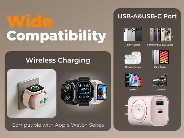 【Colorful Fast Charger】 Tessan 3-in-1 PD20W USB C Charger Block with Built-in Wireless Watch Charging, Dual Ports Wall Charger Compatible with iWatch Ultra/9/8/7/6, iPhone 17/17 Pro/16/16 Pro/15 Series, Electronic Cellphone, Apple Watch Seires