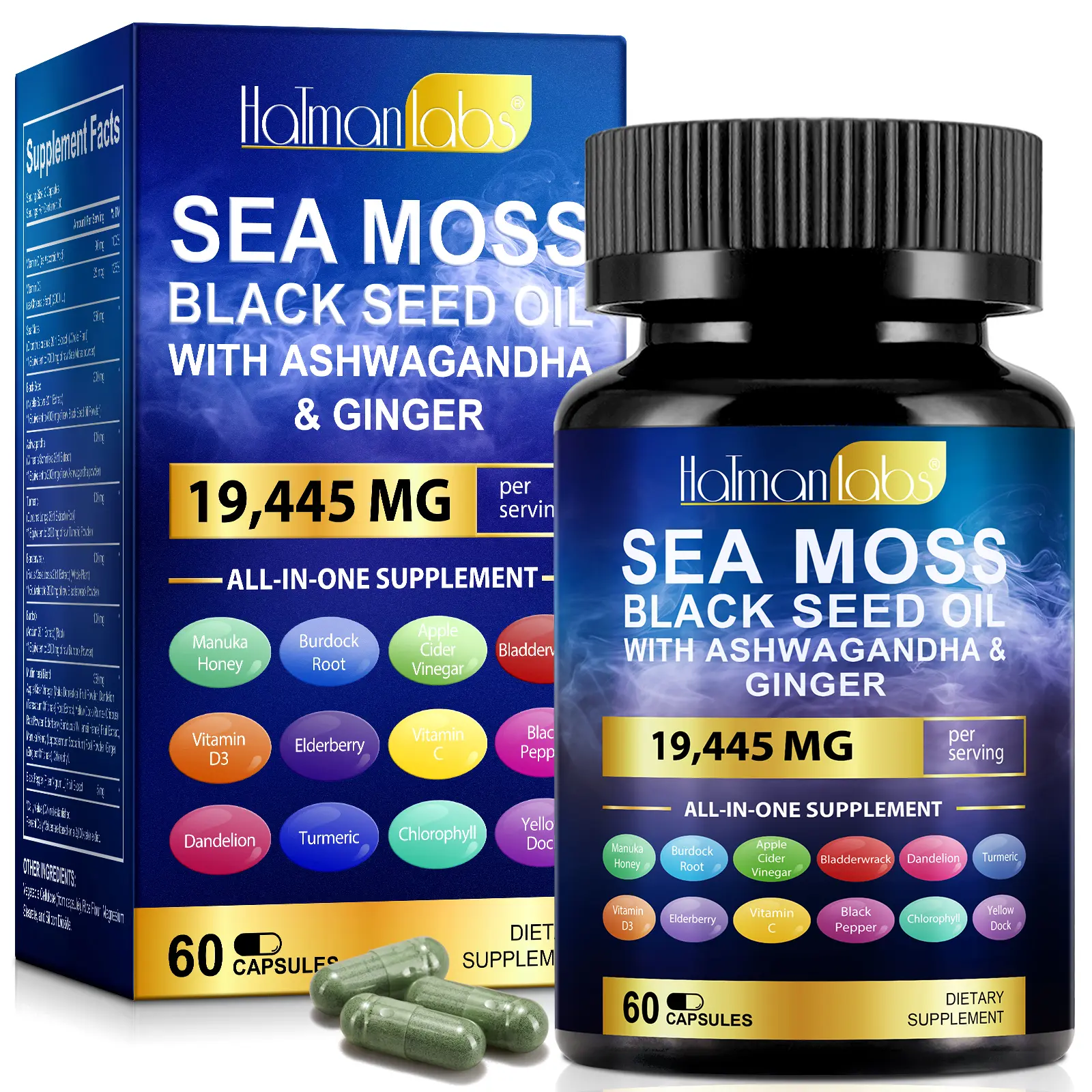 Hatmanlabs Irish Sea Moss Complex Healthcare Capsules - 19445mg High Potency Adult Supplement, 60 Ct, Caffeine Free, with Black Seed Oil, Ashwagandha, Fulvic Minerals, Supports Immune, Digestive Health, Energy & Less Stress