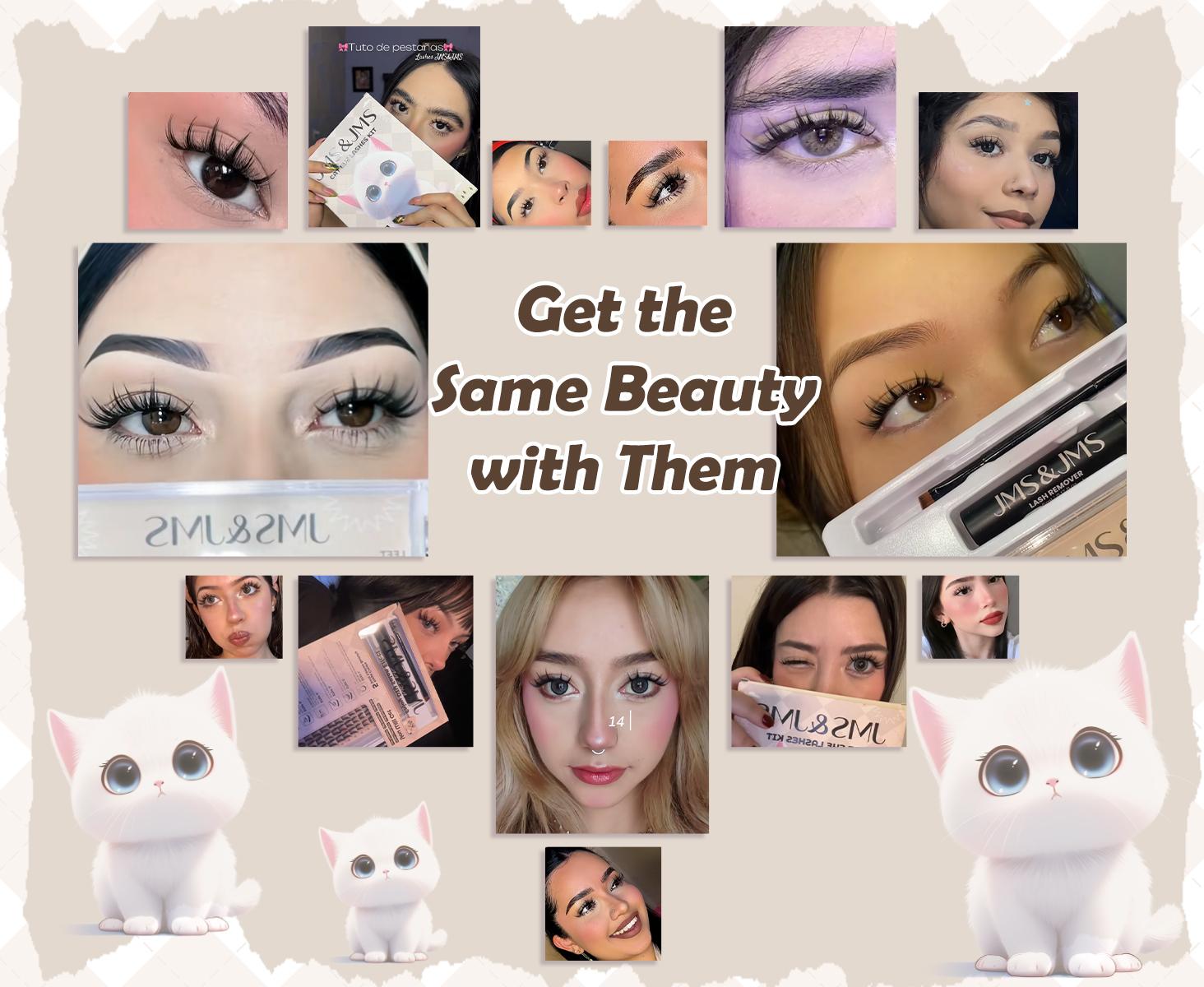 Cat Eye Lash Kit l JMS&JMS Kitty,【NO BRUSH】Cat Eye Lashes Clear Invisible Band C Curl,(8-18 MIX) for DIY Eyelash Cluster Extension Waterproof Anime Eyelash Manga LashFeb Faves Makeup Cosmetic