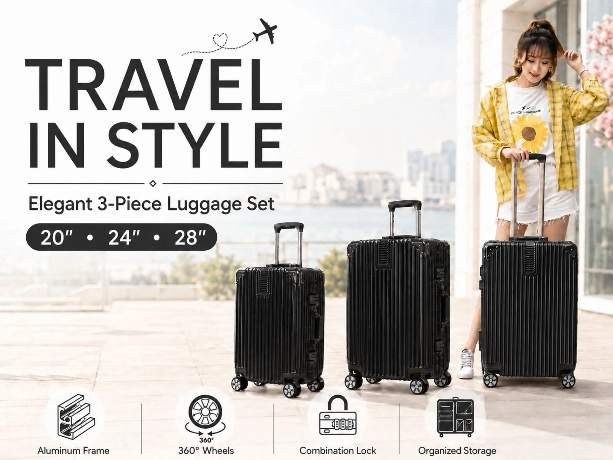 GMZGZN 3-Piece Zipperless Luggage Set, Aluminum Frame PC Hardshell Suitcases, TSA Lock, 20/24/28 travel
