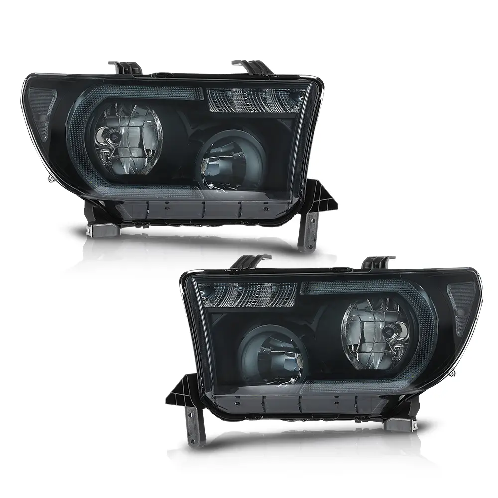 Smoked Headlights Assembly Fit For Toyota Tundra 2007-2013 Sequoia 2008-2017 Black Housing Front Lamps Replacement Pair Side Truck SUV Exterior Accessories, Aftermarket Stock-Style Replacement Headlight Assemblies, Aggressive Off-Road Stealth Styling