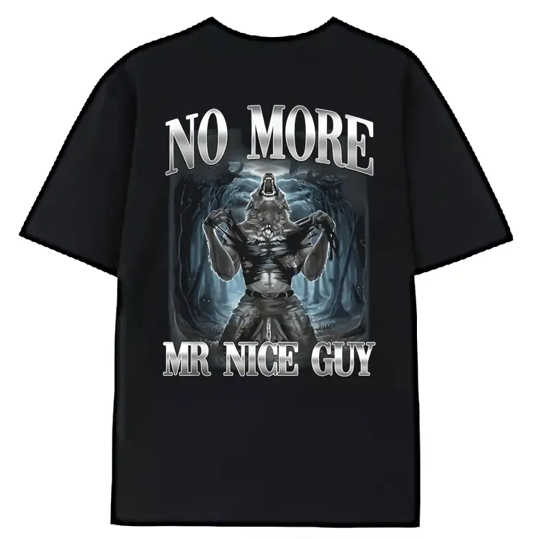 Menswear Casual Soft Round Neck Short-Sleeve T-Shirt - Retro Black, "NO MORE Mr Nice Guy" Print, Werewolf Pattern, Versatile for Daily Wear, Pair with Jackets Jeans, Shortsleeve