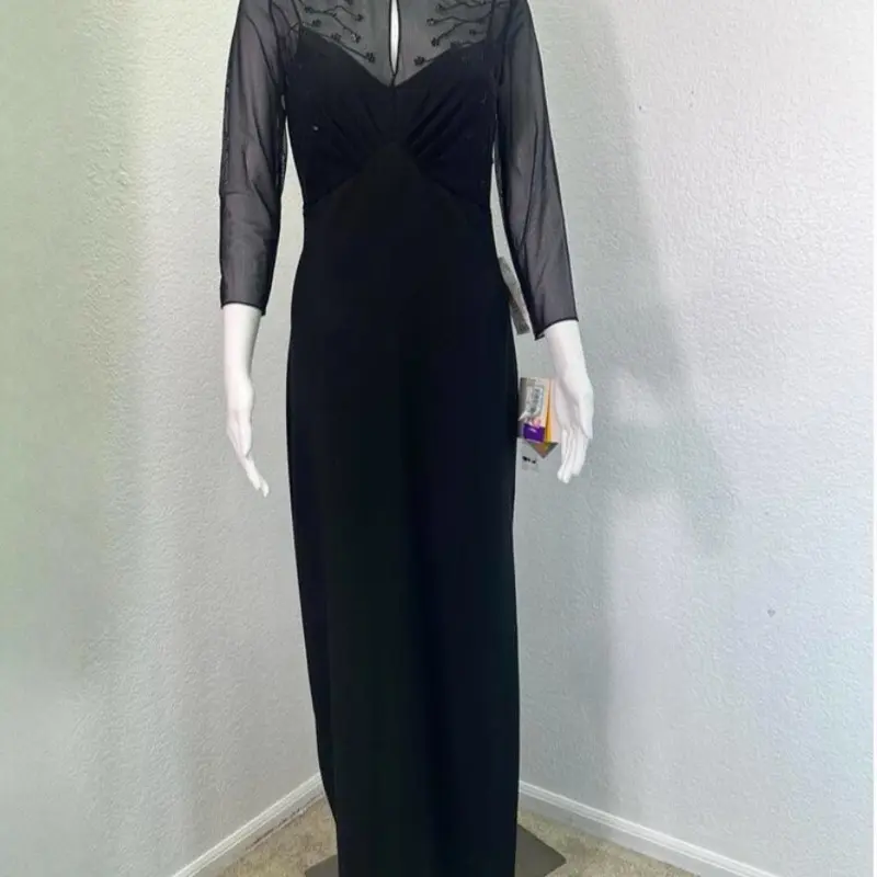 New Y2K Reggio Sz 6 Black Column Dress Maxi Mesh Empire Waist Beaded Whimsigoth Gothic Womenswear