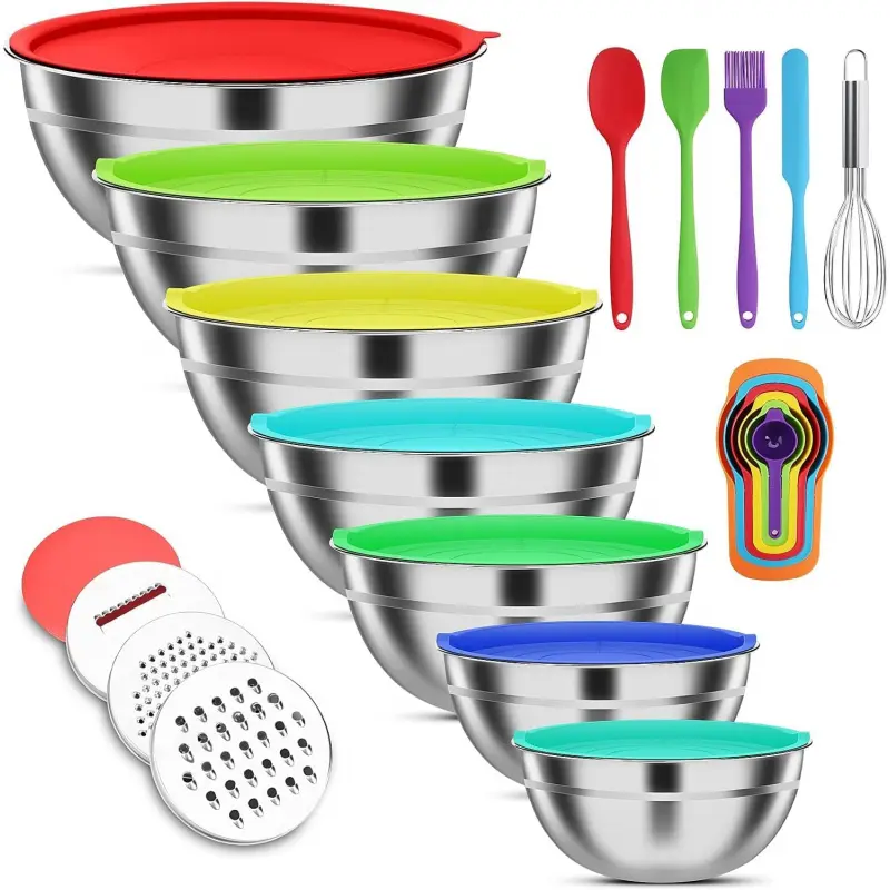 7-Piece Reusable Stainless Steel Mixing Bowls Set with Lids & 3 Grater Attachments - 4.5,4,3.5,2.1,1.5,1.1,0.7QT Metal Utensils Tableware for Kitchen Cooking,Baking,Serving, Cover, Nesting Salad Bowls, Bowl Set