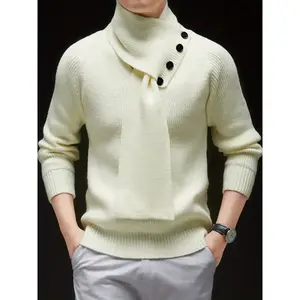 Men's sweater, V-neck fashionable Korean knit sweater, detachable button decoration scarf collar, autumn and winter new long sleeved shirt