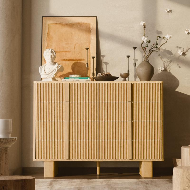 Octagon Wood Storage Cabinet with 8 Sliding Drawers, 3D Carved Wooden Accent Cabinet for Living Room, Space-Saving Design