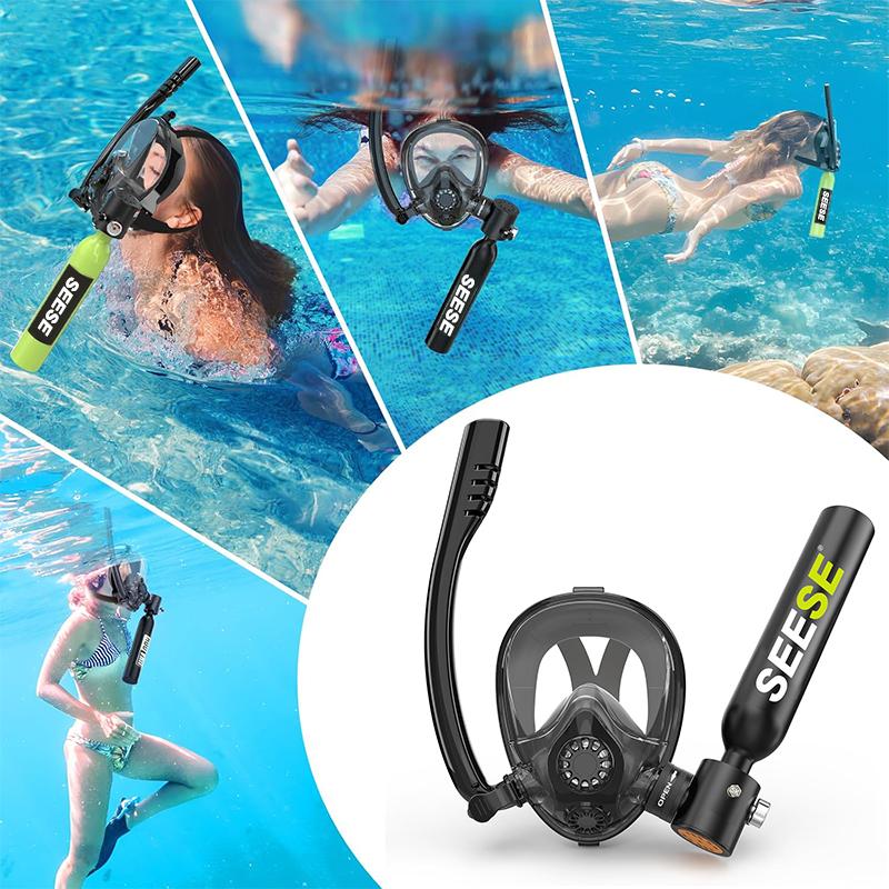 【FathersDayGift】SEESE Mini Scuba Tank with Snorkel Mask 0.5L Portable Small Diving Tank with Full Face Diving Mask Reusable DOT Certified Pony Bottle Diving Cylinder Kit （No inflatable device）
