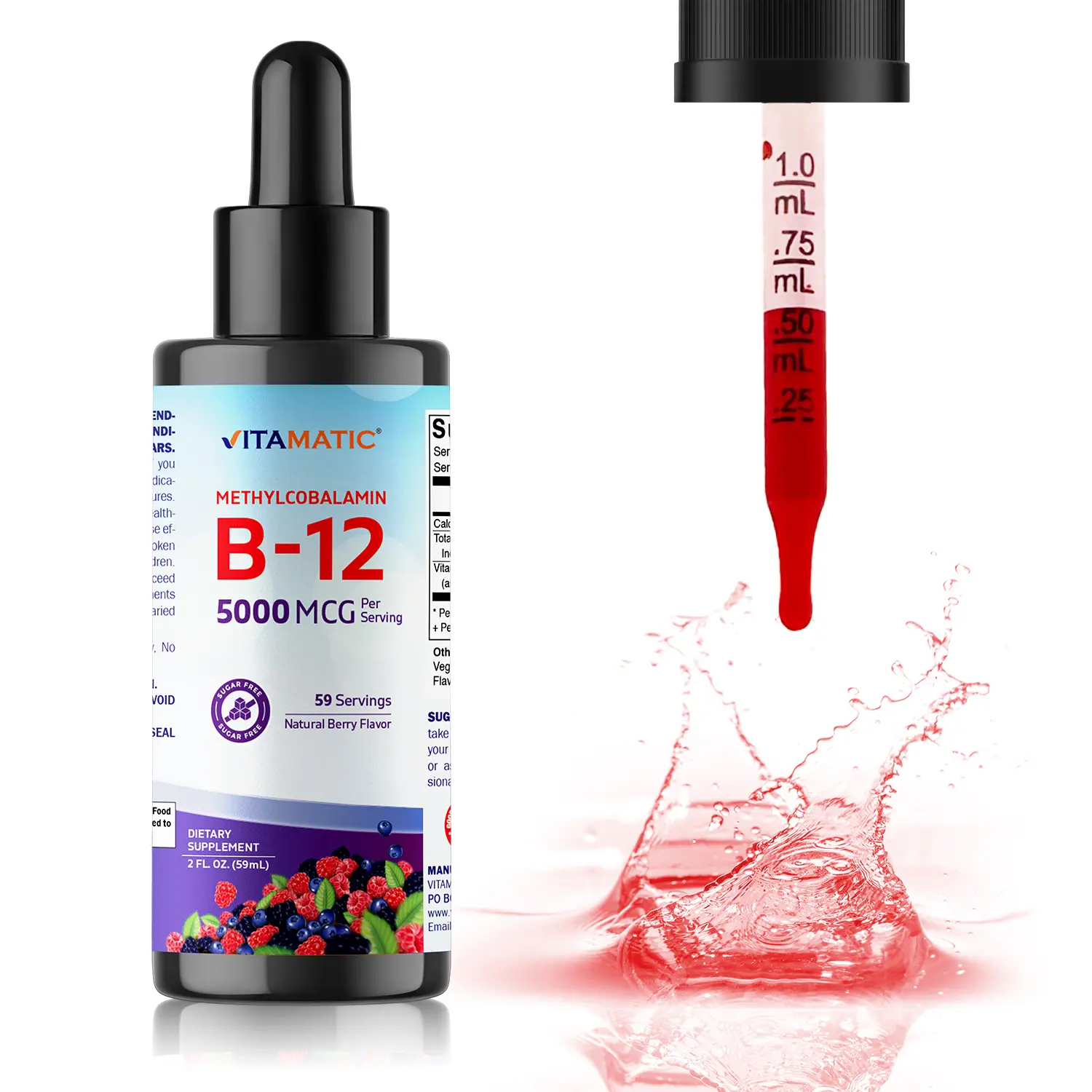 Vitamatic Fast Acting Methylcobalamin Liquid Vitamin B12 5000 mcg Dietary Supplement - Edible, Natural Berry Flavor, Sublingual, Bioavailable, Gluten-Free, Sugar-Free, Brain Health Support, Energy Boost, 2 oz, US Healthcare Formulated Optimum