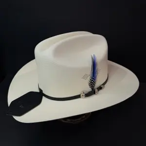 Sombrero Estilo Sinaloa - White Straw Hat with Blue Feather and Black Belt Buckle