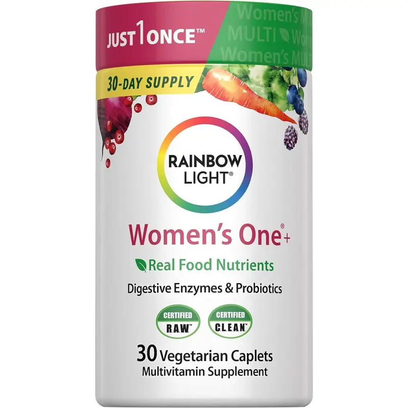 Rainbow Light Womens Multivitamin One + | 30 Caplets | Real Food Nutrients, Digestive Enzymes & Probiotics