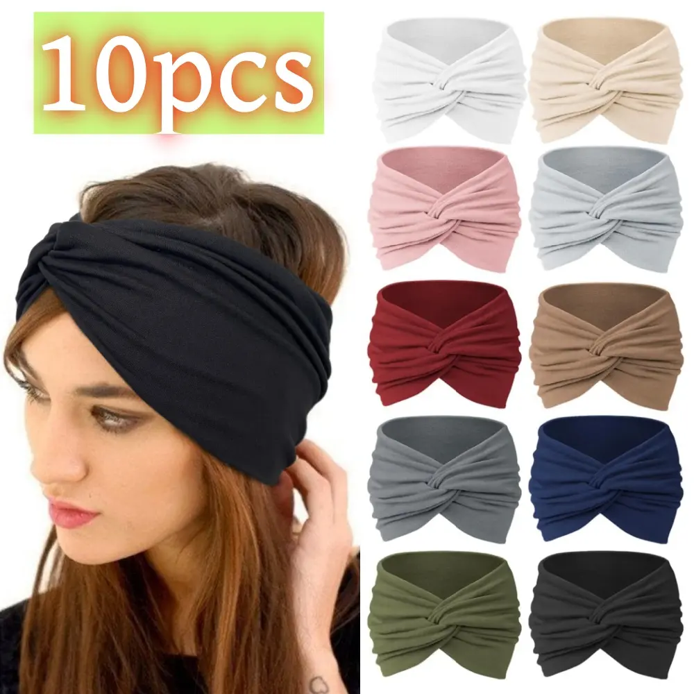 Women's 10-Pack Extra Wide Knotted Boho Headbands, Non-Slip Stretch Hair Bands for Yoga, Training, Sports, Sweatband Headband for Workout, Yoga Headband