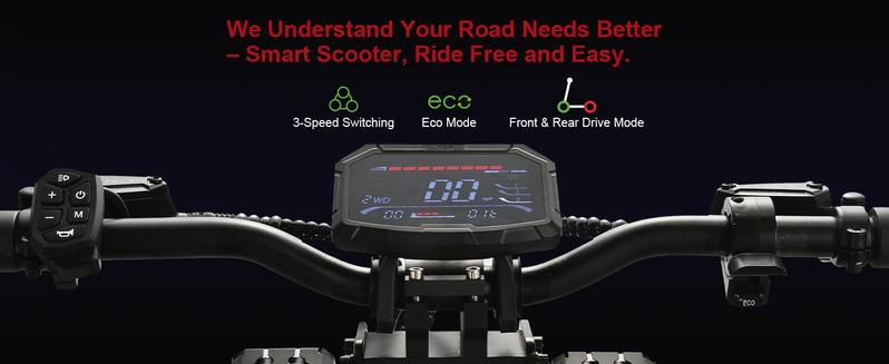 [Jun Ling] Off-Road Electric Scooter - High-performance 10000W dual motors, top speed 55 mph, 13-inch off-road tires, 75-mile range, 60V 40Ah battery, four-piston brakes - UL2272 certified.