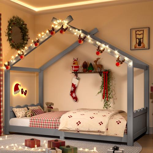 【Bellemave】Twin/Full /Queen House Floor Bed with Support Slats, Solid Wood House Bed Frame for Kids, No Box Spring Needed and Opening Constructure Bedroom Furniture Headboard