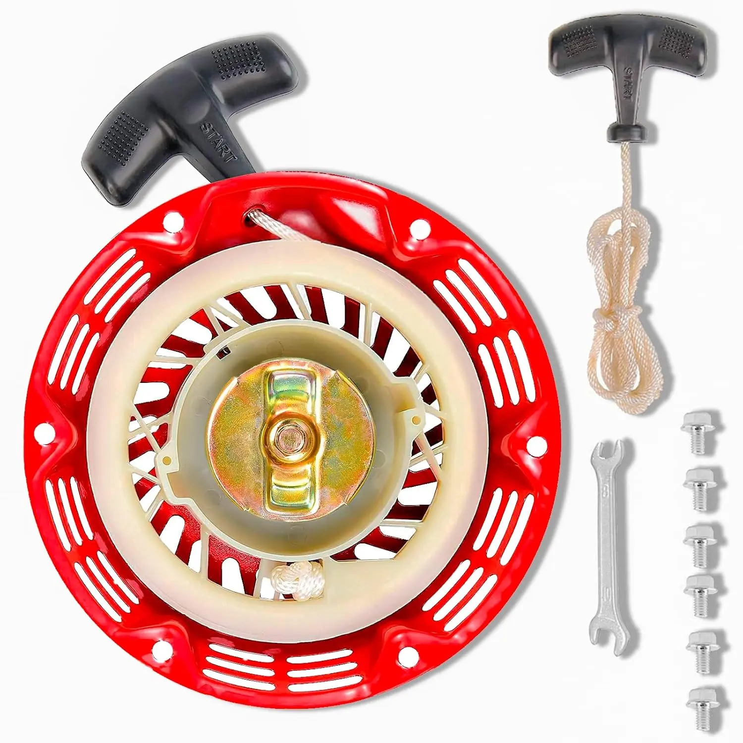 JMCHstore Pull Recoil Starter Assembly for Coleman KT196 Go Kart B200R CT200U 200cc Mini Bike, Predator 212 Pull Cord Start Honda 6.5HP GX160 196 Hisun Engine, Rage Red, Upgraded Handle