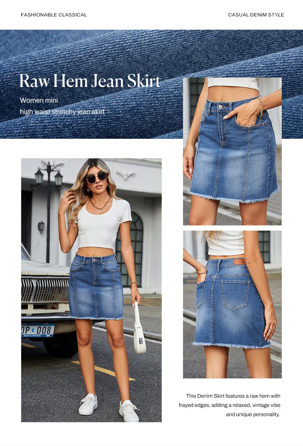 Women's Sidefeel Denim Skirt Casual Stretch High Waist Raw Hem Zipper Closure Jean Skirt