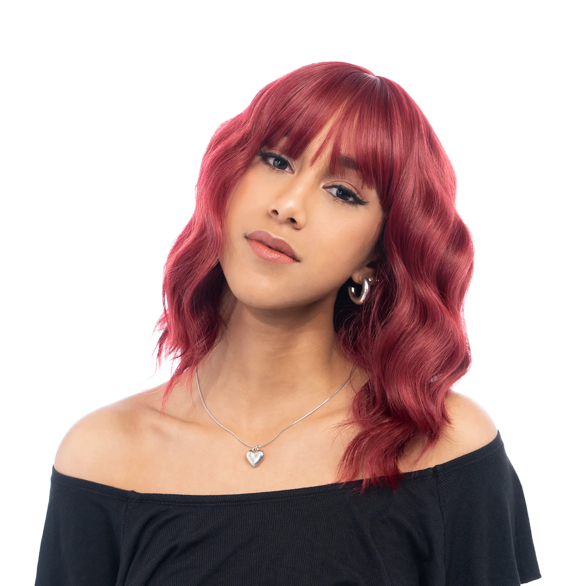 14-Inch Solid Smokey Cherry Maroon Red Wavy Synthetic Wig | 【Heat Resistant】【Cap Included】 | #3 41FSGB
