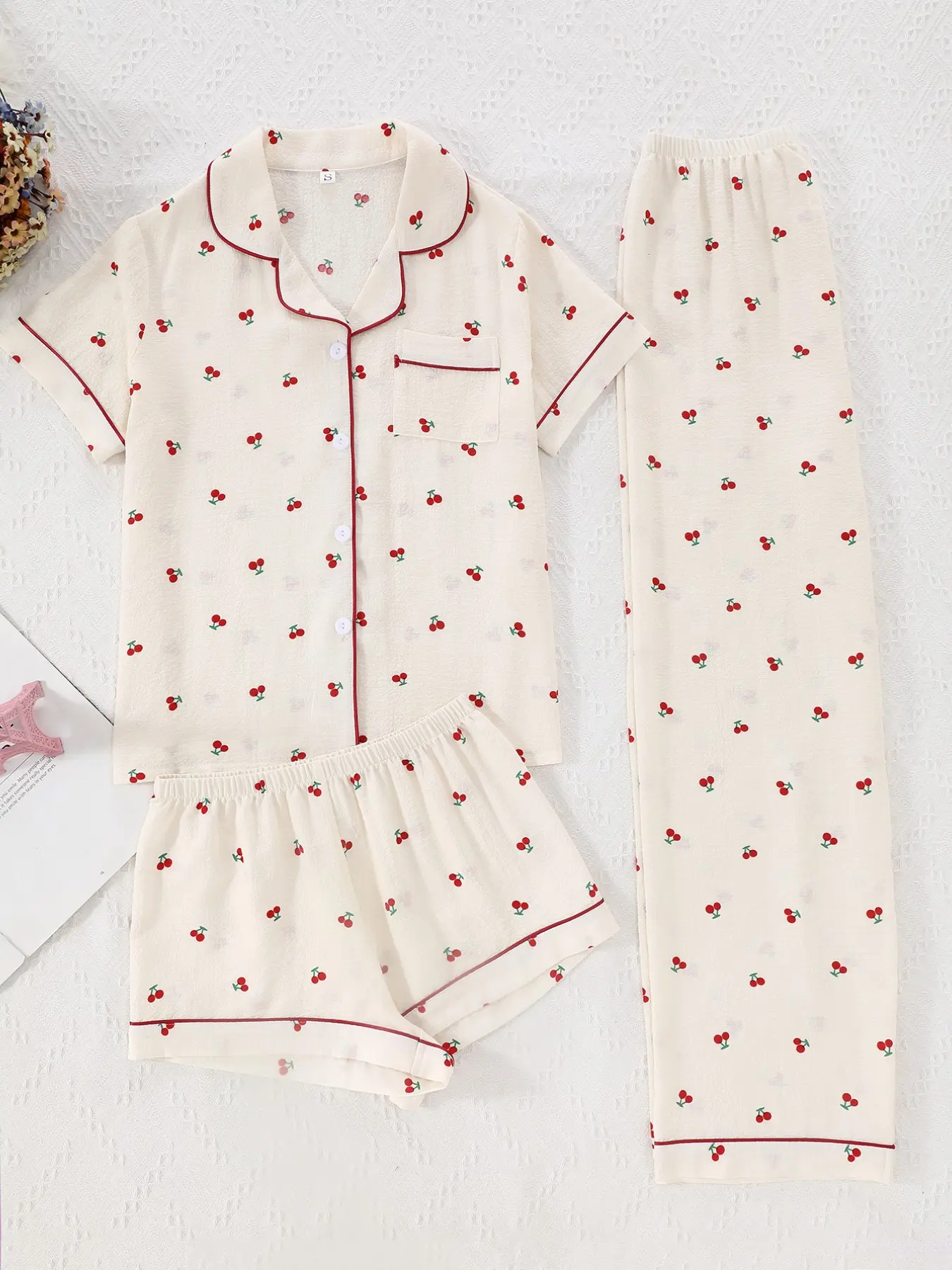 Women's 3-Piece Bubble Pleated Home Pajama Set Pyjamas, Cherry Print Short Sleeve Open Front Top, Shorts & Pants Sleepwear, Loungewear, Casual Lightweight Loungewear, Casual All Seasons Pjs, Casual Fitted Nightwear