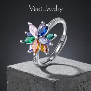925 Rainbow Flower Fidget Ring, Elegant Adjustable Ring with Rotatable Anxiety Relief Design, Exquisite Multi-Colored 5A Zirconia, Perfect Gift for Valentine's Day, Gift for Her, Gift for Loved Ones, Daily Wear and Party Jewelry