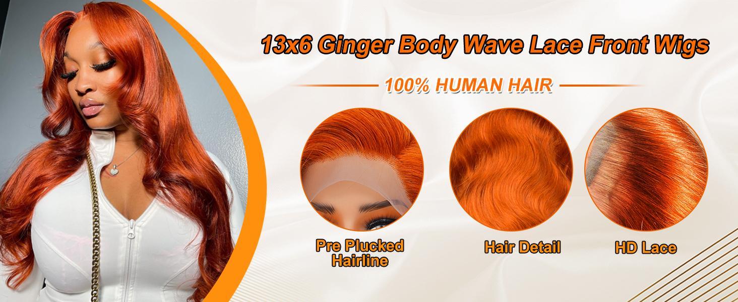 Ginger orange 13x6 Lace Front Wigs human hair Pre Plucked Ginger wigs Human hair 200% Density Body Wave Wigs Humaun hair Colored Free styling, dyeing Black Women Bleached Knots
