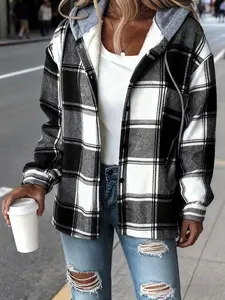 Women's Plaid Hooded Jacket with Lining - Cozy Winter Coat, Adjustable Drawstring Hood & Button Front, Casual Warm Outerwear for Fall And Winter, Machine Washable (Brown/Beige/White/Black), Seasonal Fashion, Cold Weather Coat, Buttonfront Coat