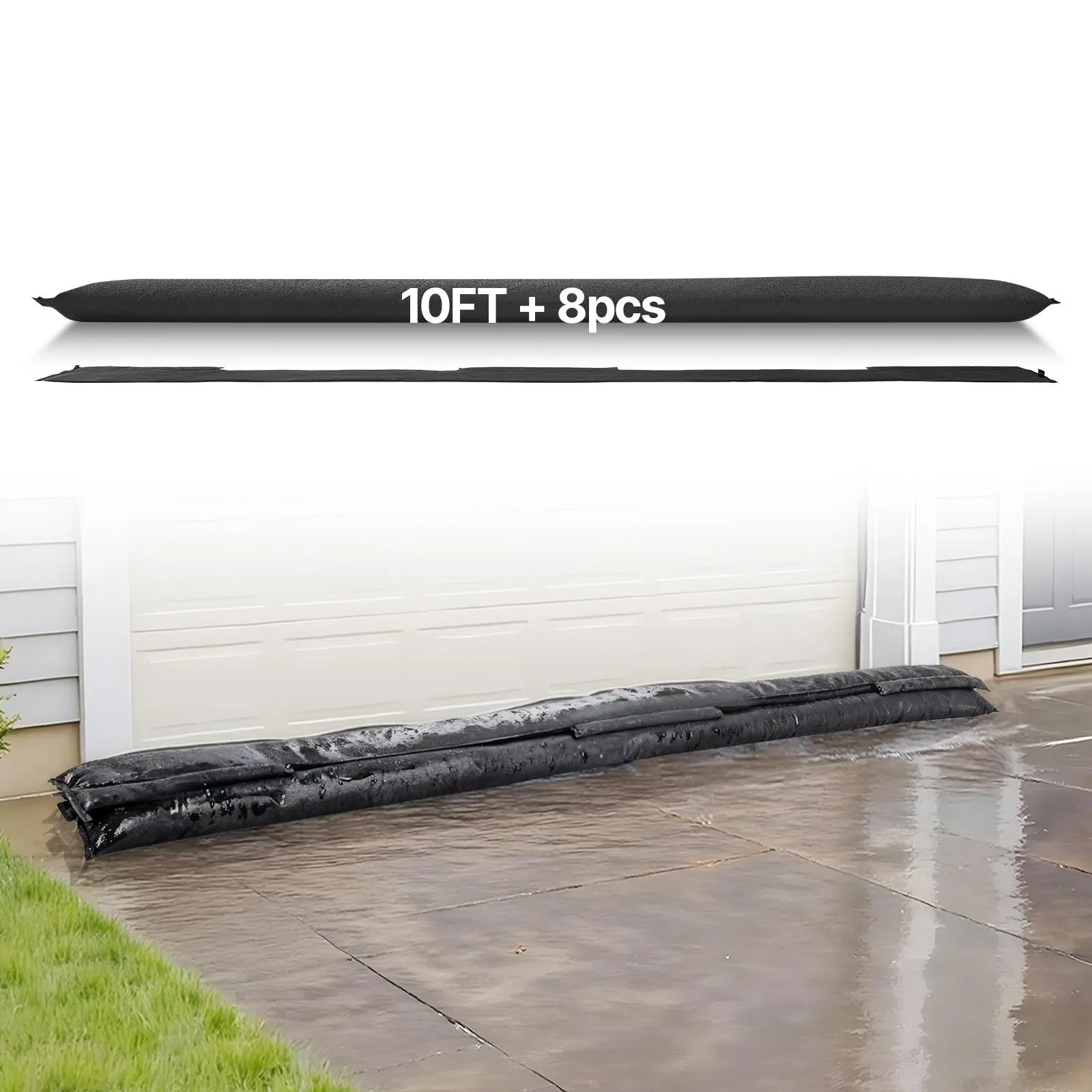 【SummerFinds】VEVOR Flood Barrier, 8 Pack, 10 x 0.7 ft Flood Bags Activated by Water, Reusable Water Absorbent Barrier, Sandless Sandbags Blockage, Flooding Prevention Bags for Home, Doorway, Basement, Garage