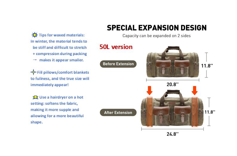 Wildroad Duffle Bag for Men Waterproof Waxed Canvas Genuine Leather Weekender Overnight Vintage Durable Bag With Pockets Travel Large Capacity Garment Spacious Convertible Sleepover Aesthetic Personalized Portable Gift Carry-On Lightweight trip essential