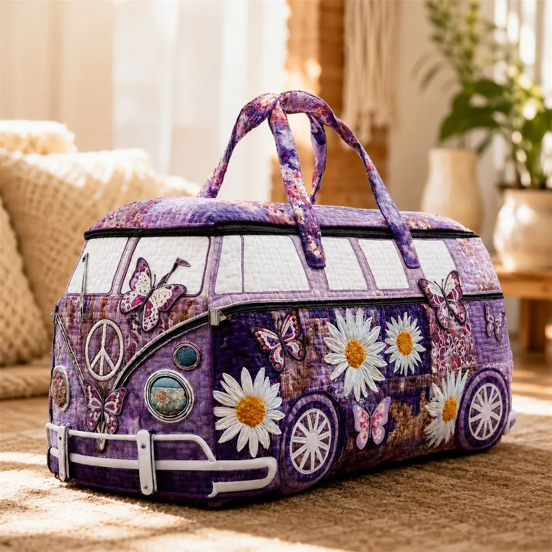 Purple Butterfly Daisy Quilted Duffel Bag for Women, Retro Hippie Van Weekender Travel Bag, Large Capacity Overnight Tote, Boho Floral Gym Bag for Camping, Road Trips, Vacation & Weekend Getaways