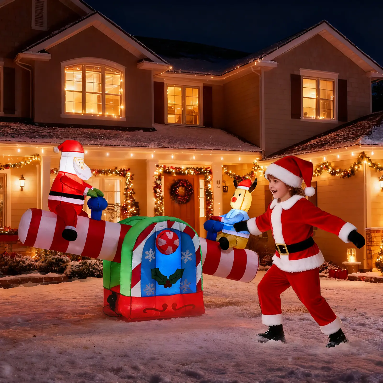 4.7ft Waterproof Plastic Lighted Christmas Inflatable Decoration - Motorized Seesaw with Santa, Reindeer, Built-in LED for Front Yard Holiday Lawn Garden Decor, Water Proof
