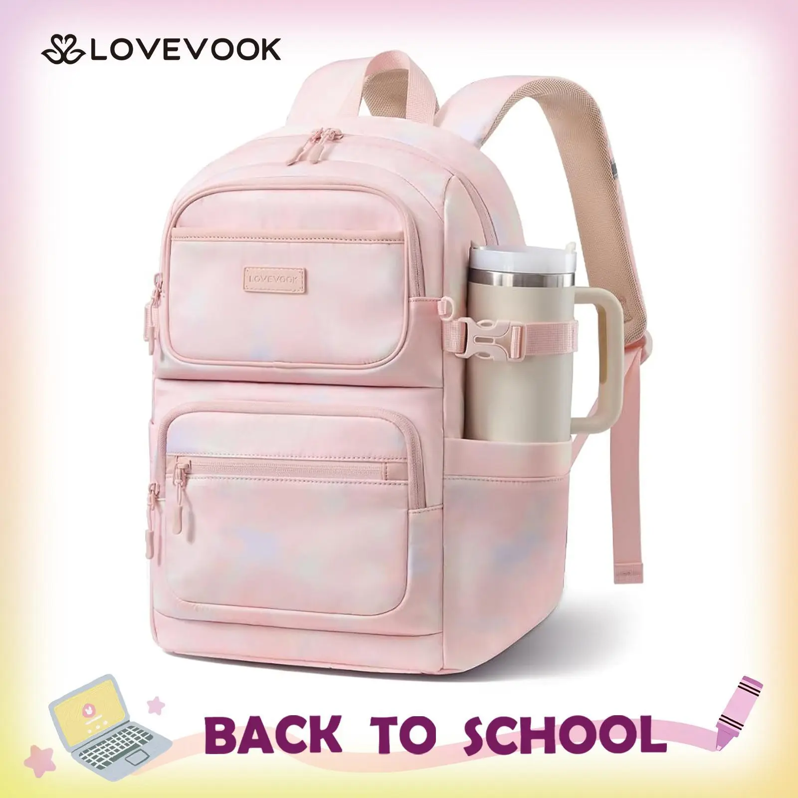LOVEVOOK School Backpack for Teen Girls & College Students, Large Capacity Laptop Backpack with Water Bottle Holder, Lightweight Bookbag for School, Travel & Everyday Use
