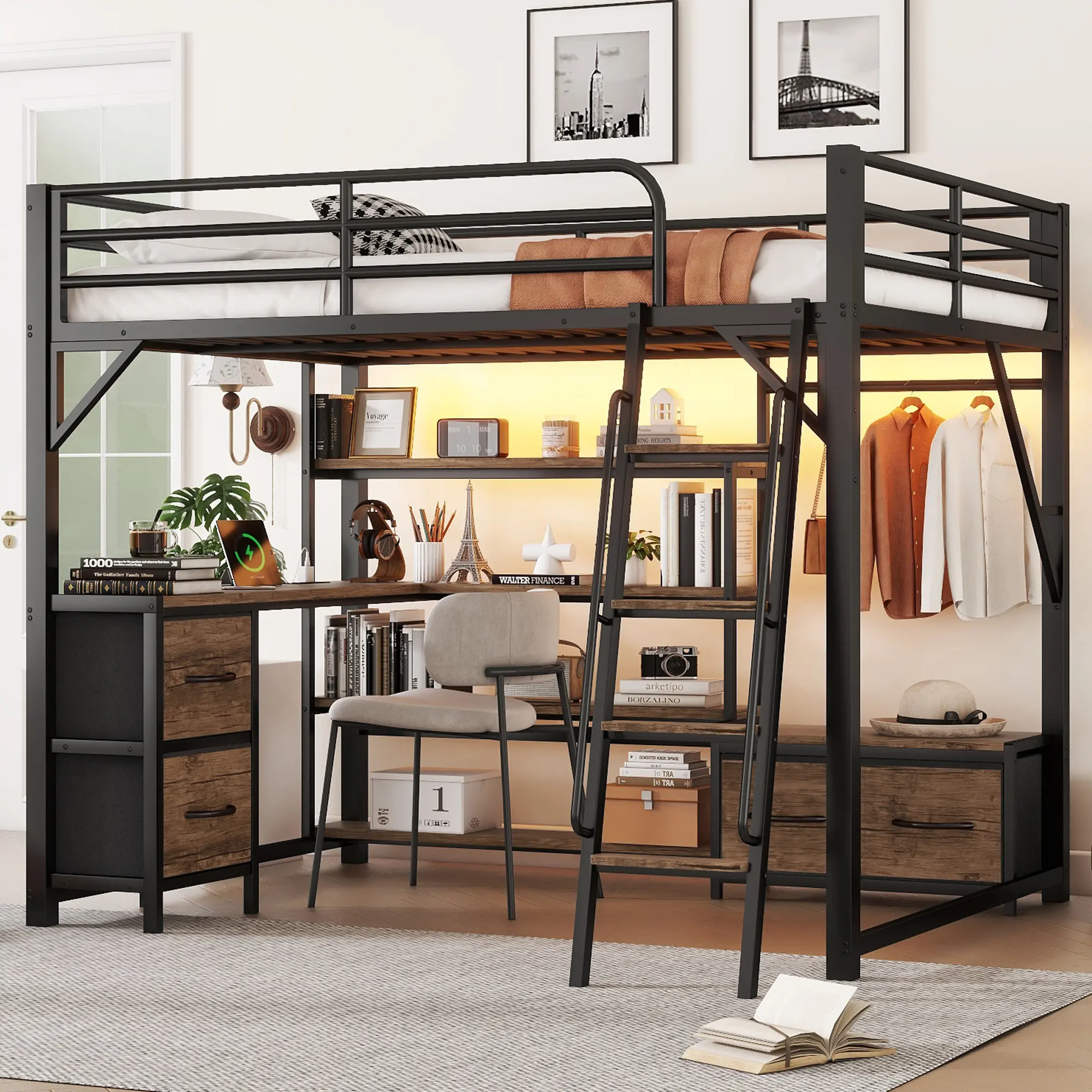 Loft Bed Frame Queen Size with Desk and Charging Station, Metal Queen Loft Beds Frame with LED Lights, Bookcase & 4 Fabric Storage Drawers & Bench, Adults Loft Beds with Wardrobe -Safety Guard & Ladder, Black