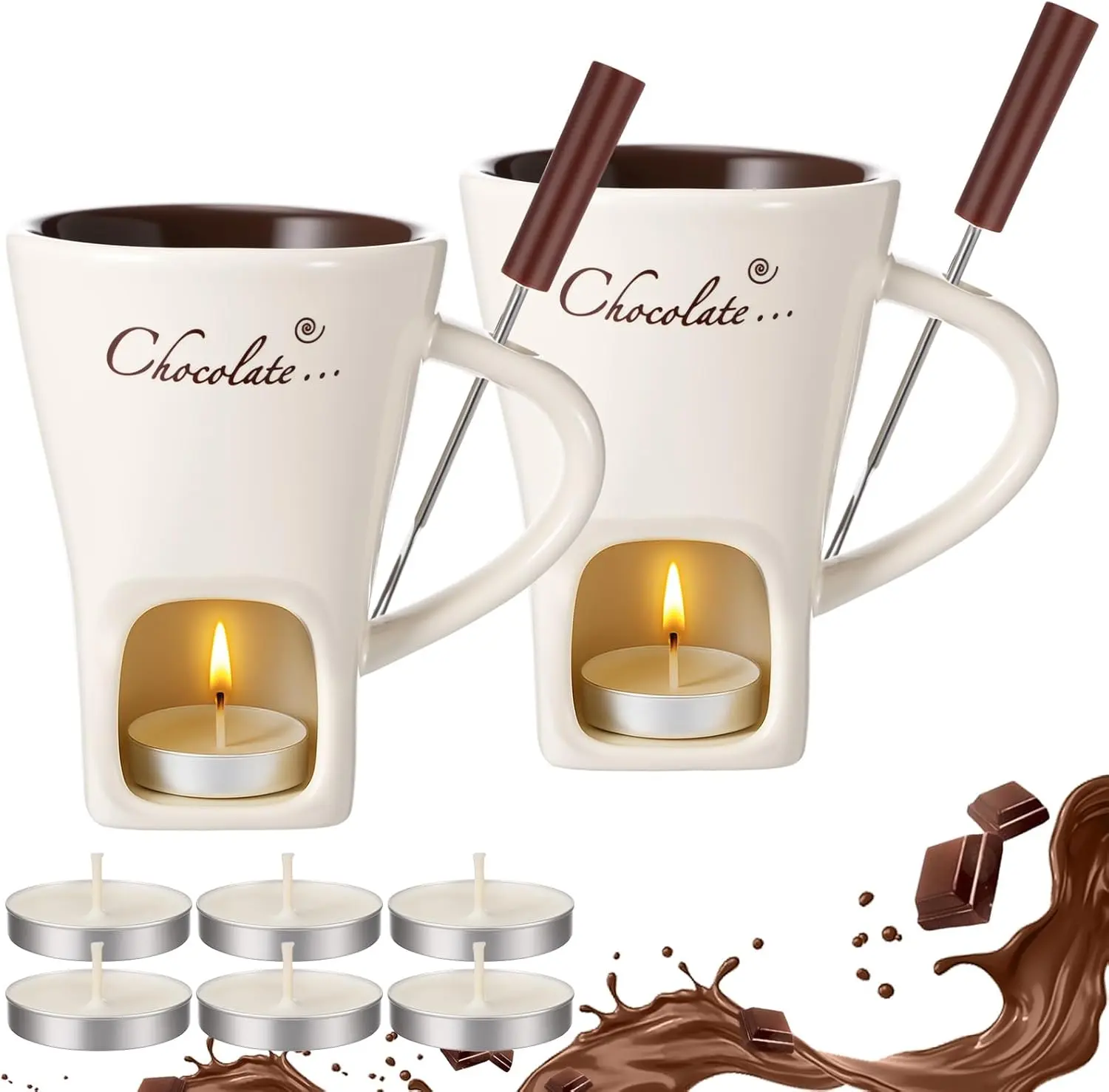 2 Set  Fondue Mug with Fork and Candle Sweet Ceramic Personal  Melting Cup Ideal Gifts for Birthday Date Night Birthday Wedding Gifts (White)