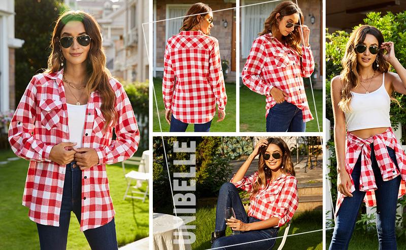 ZEAGOO Women's Flannel Shirts Long/Roll Up Sleeve Collared Button Down Plaid Shirt Casual Work Tops Thin Short