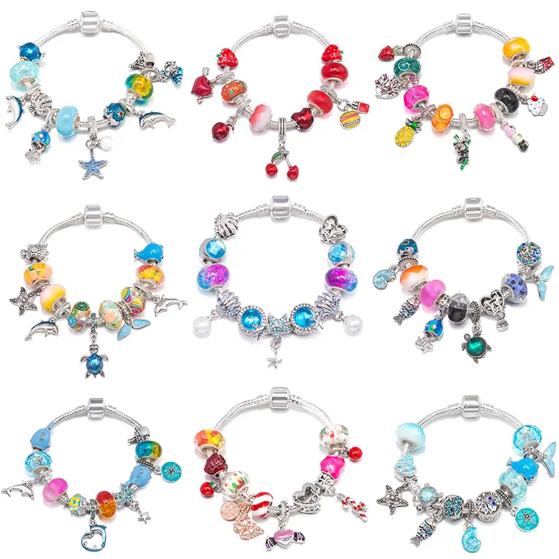 9-Style Mixed Marine Beaded Bracelets, Enamel Sea Animal Pendant, Silver-Plated Stackable Fashion Wrist Accessories