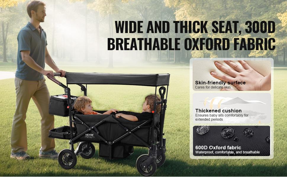 VEVOR Wagon Stroller for 2 Kids, Push Pull Quad Collapsible Stroller with Adjustable Handle, Encircling Harness Removable Canopy, 4 Wheels with Brakes, Mutifunction Tandem Stroller for Camping