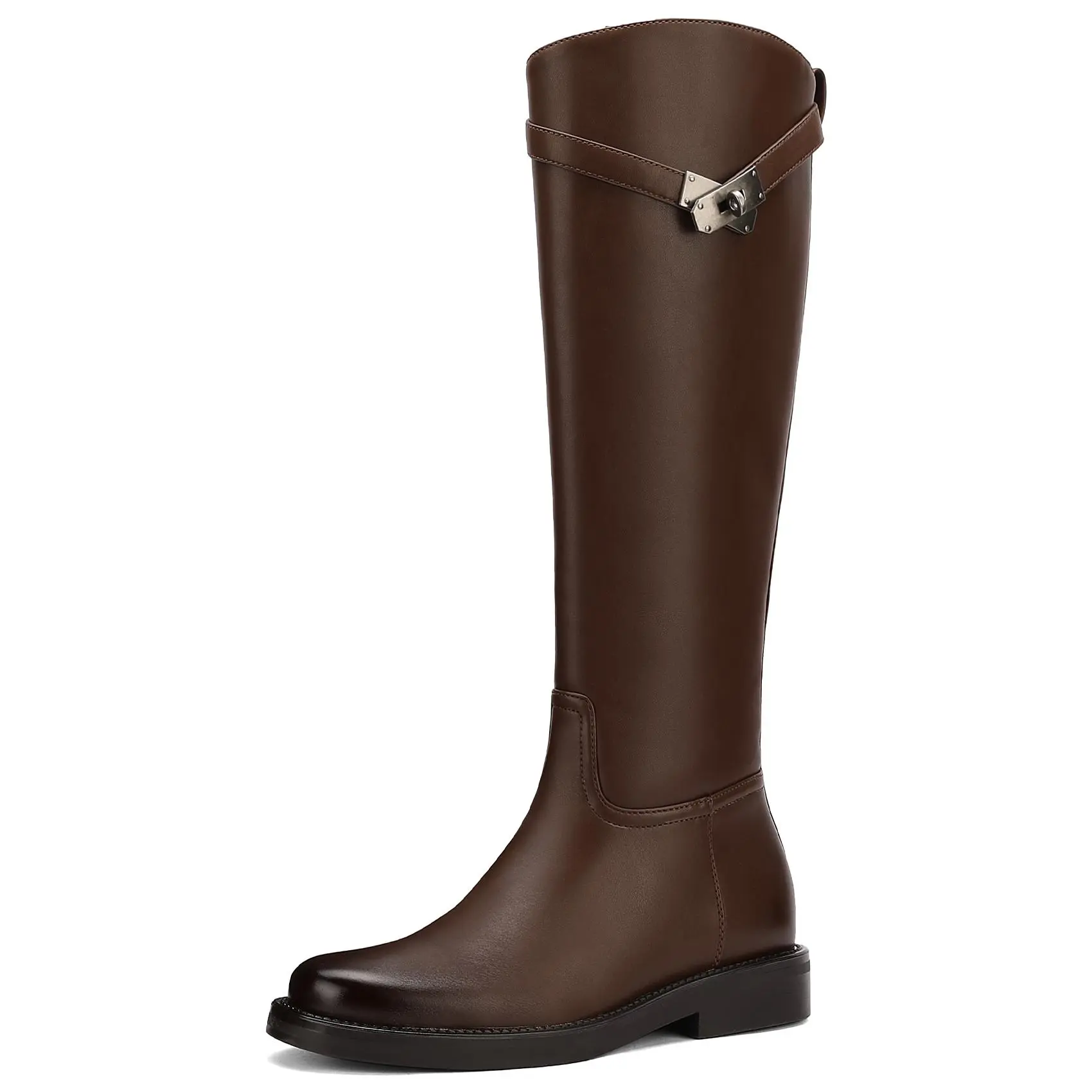 ReneChristine Women's Wide Calf Knee-High Boots - Round Toe, Pull-On, Metallic Buckles, 1.18" Chunky Comfortable Heels, Classic Vintage Riding Footwear, Casual Walking Shoes, Vegan Leather