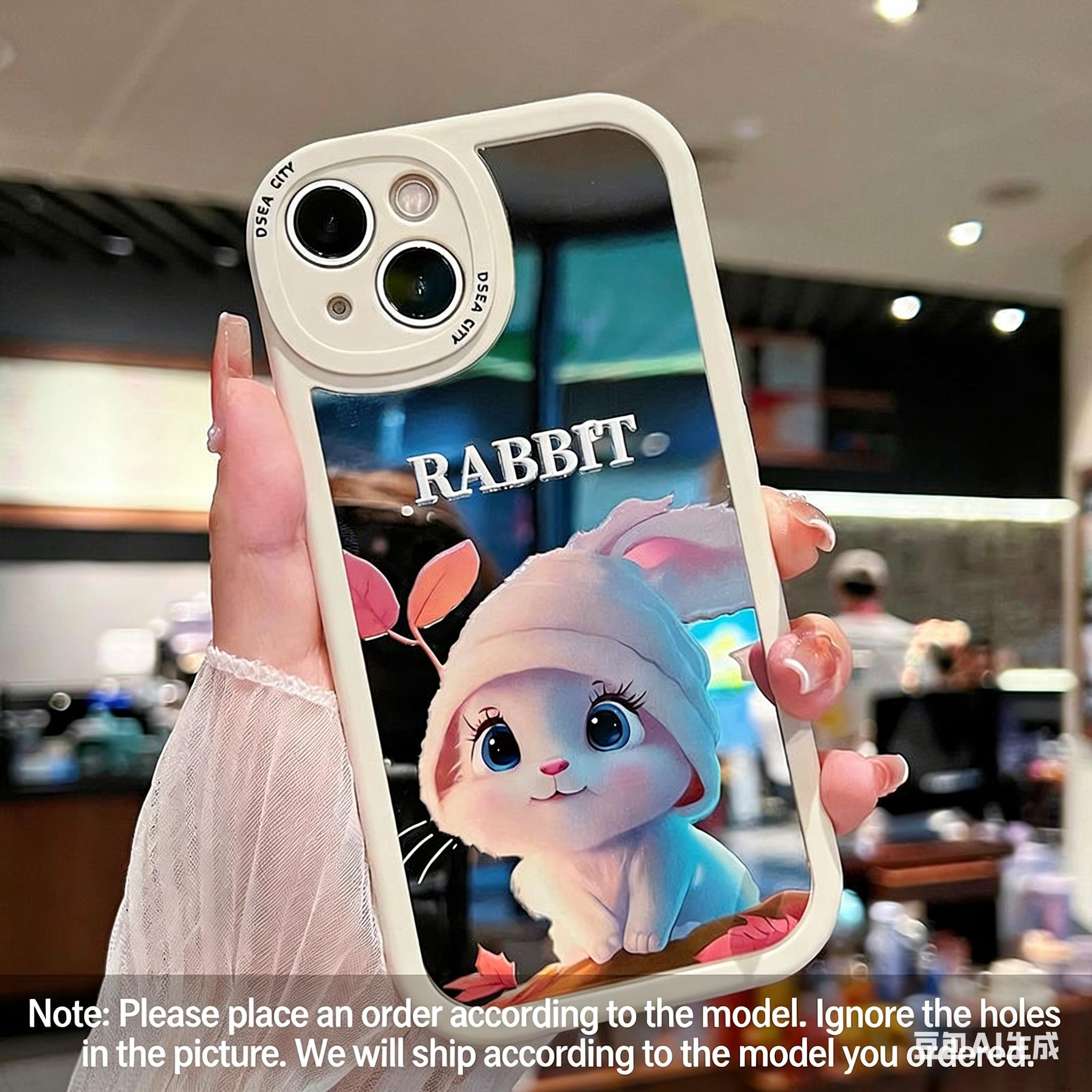 Cute bunny pattern phone case, suitable for iPhone 17/16/15/14/13/12/11 Pro Max Plus and Samsung models (S25, S24, S23, S22, S21, S20, A series), features a mirror back panel and shockproof soft silicone protection 995