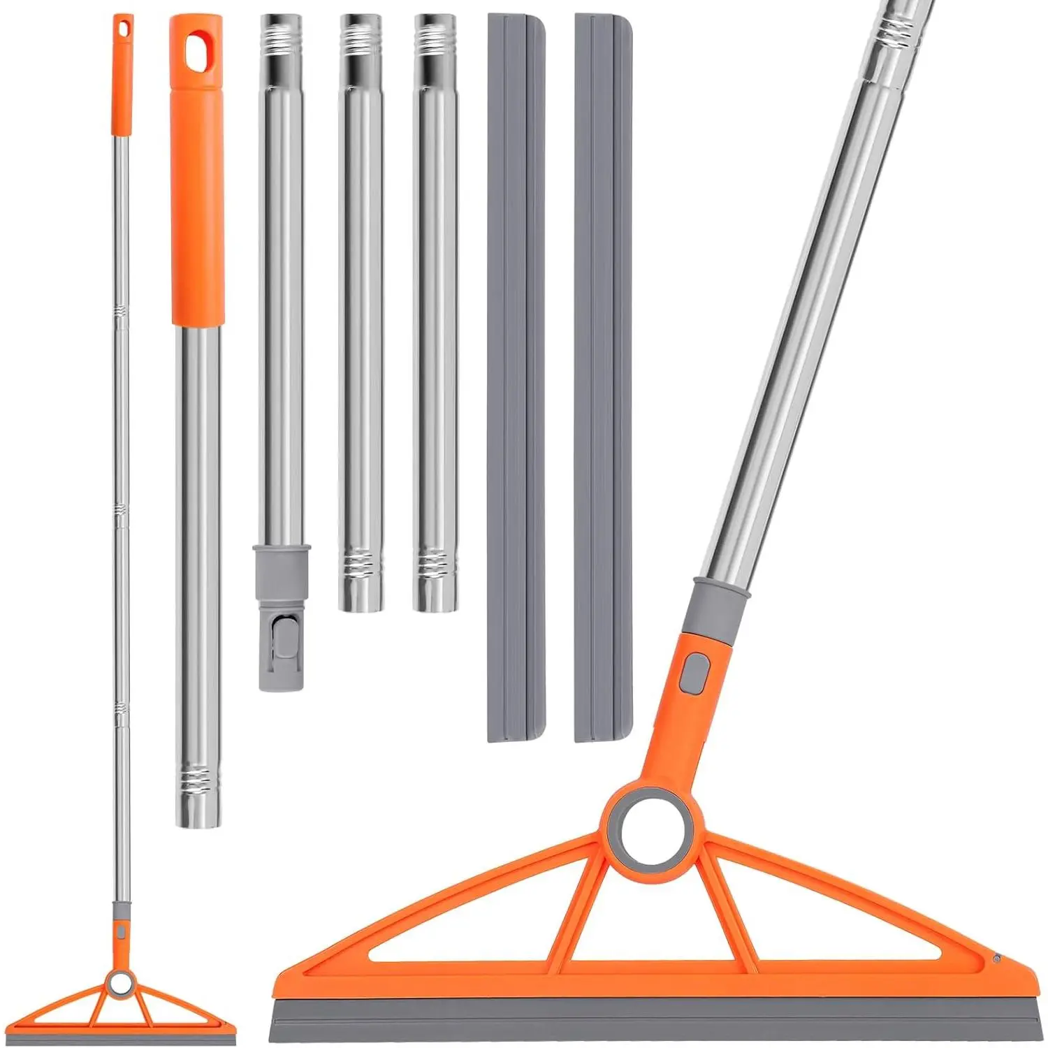2-in-1 Durable Synthetic Air Broom & Brush Kit, 180° Rotating 54-Inch Adjustable Rubber Broom with 2 Scraping Strips & 180° Rotating Scraper, Long Handle Wall Cleaning Tools for Indoor Bathroom, Kitchen Use