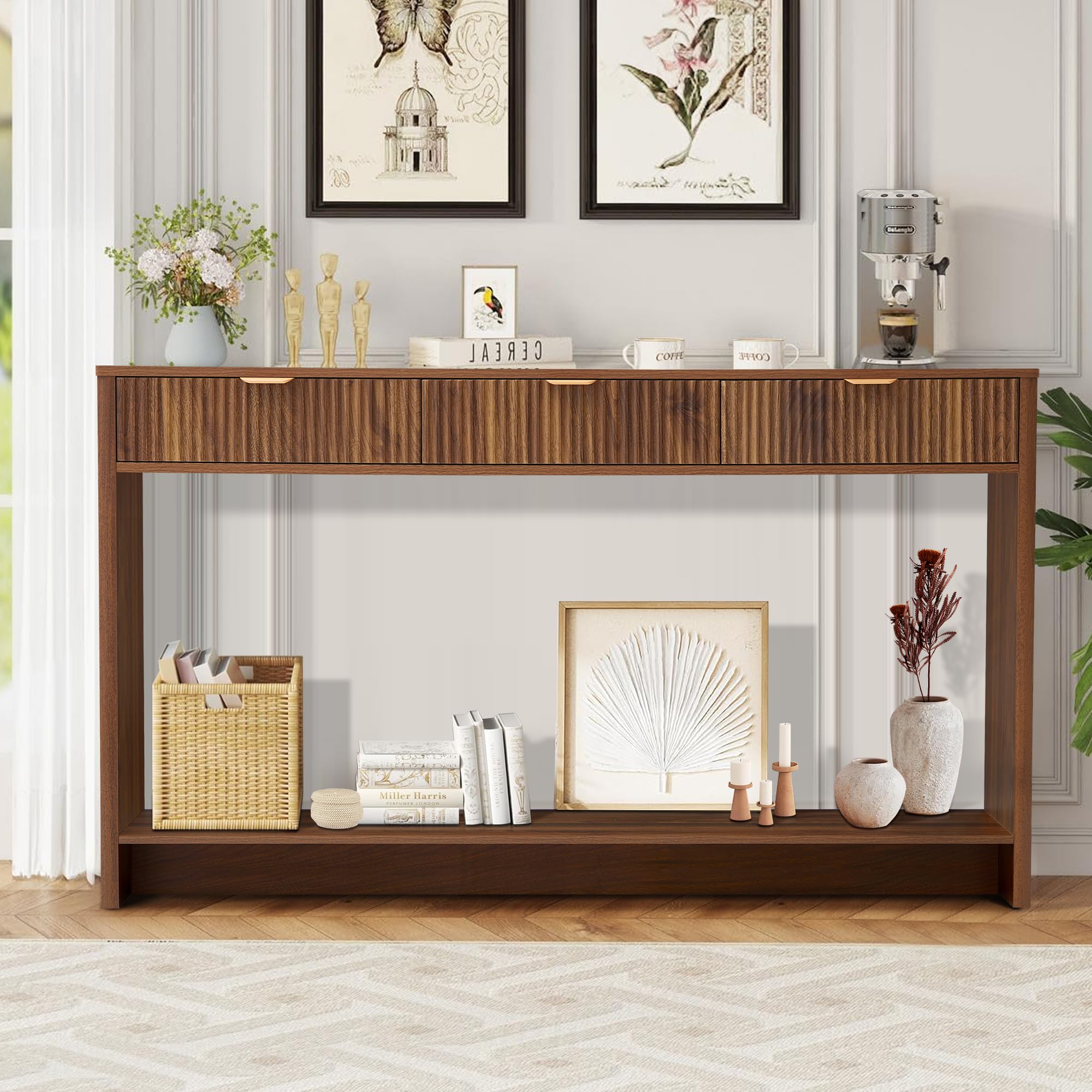 Giratree Narrow Console Table with 2 3 Drawers, Entryway Table with Storage, Table Behind Sofa Long for Living Room TV, Hallway Entrance Foyer, Mid Century Farmhouse Fluted Console Table