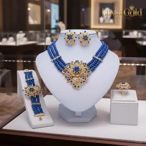 African Luxury Blue Beaded 4PCS Set Women Filigree Design Gold Plated Flower Necklace Bracelet Earrings Ring Blue & Gold Statement Jewelry Perfect Wedding Prom Banquet Valentine's Day Gift Formal Occasions Luvia Gold Studio