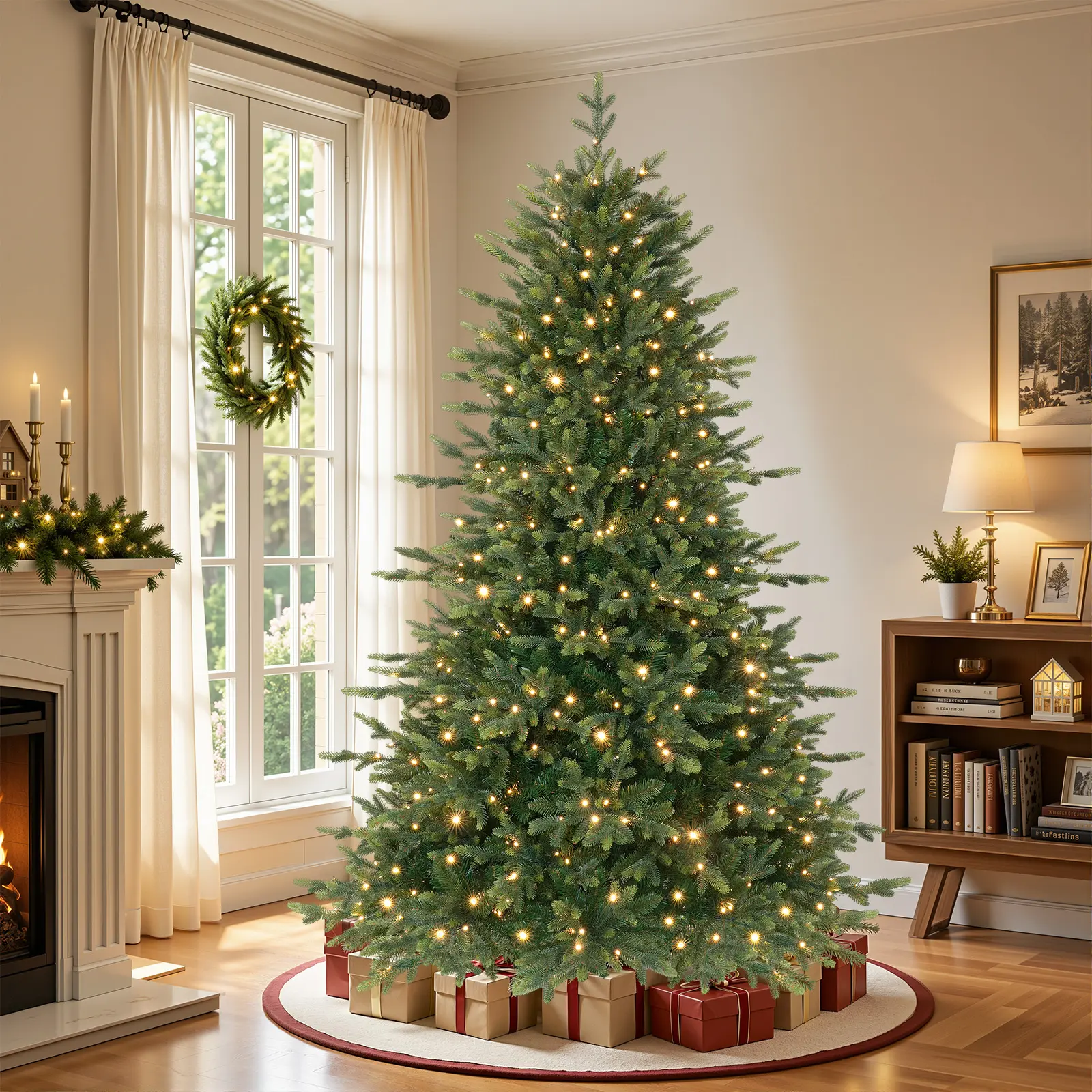 5/6/7/7.5/8/9FT Pre-Lit Fir Christmas Tree, PE Mixed Layered Branches, Warm White & Dual-Color Flashing Lights, Remote Control, Hinged Xmas Tree for Holiday Home Decor