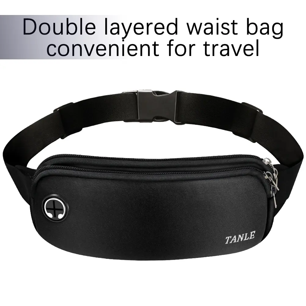 Fanny Pack Waist Bag with Headphone Hole,Elastic IPX4 Water Resistant Double Layer Crossbody Belt Bag for Running Hiking Travel Workout, Adjustable Strap Bumbag for Men Women Outdoor Runners Mini Jogging Equipment