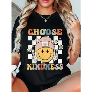 100% Cotton Unisex Retro Choose Kindness Smile Face Groovy Be Kind Women T-Shirt