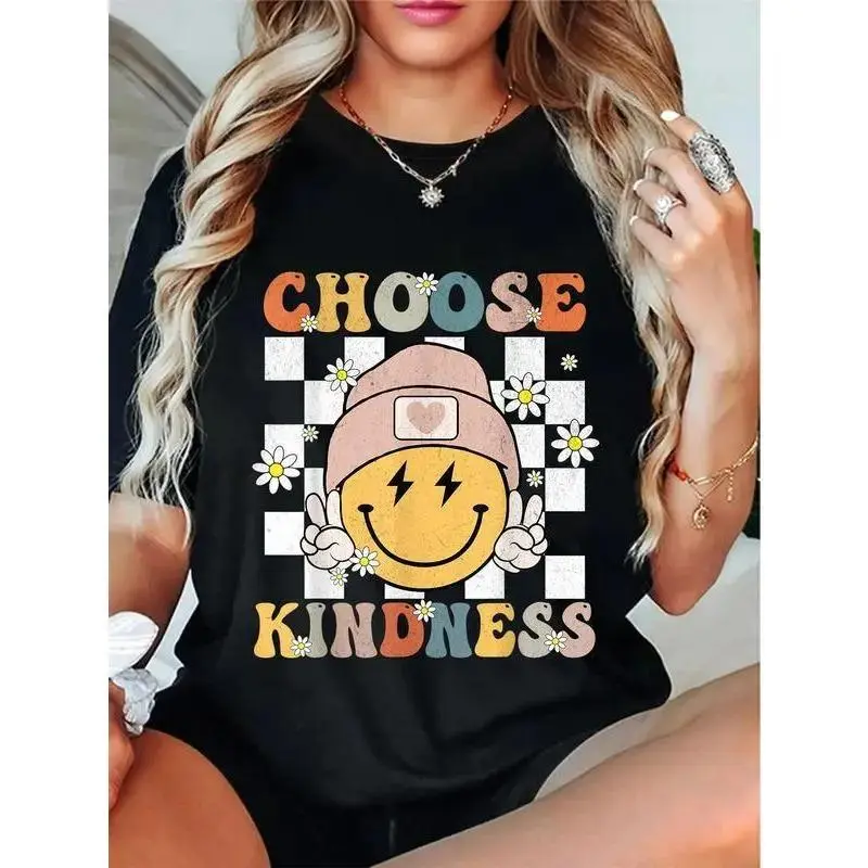 Unisex Retro Choose Kindness Smile Face Groovy Be Kind Women T-Shirt